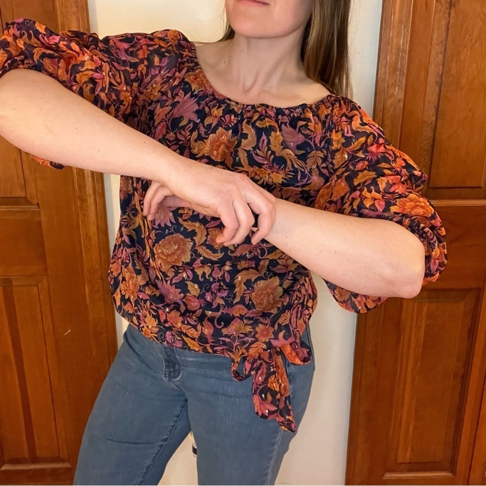 CeCe M Floral Puff Sleeves Bow Blouse Bold Orange Glitter Blue Showgirl Top - Picture 2 of 7